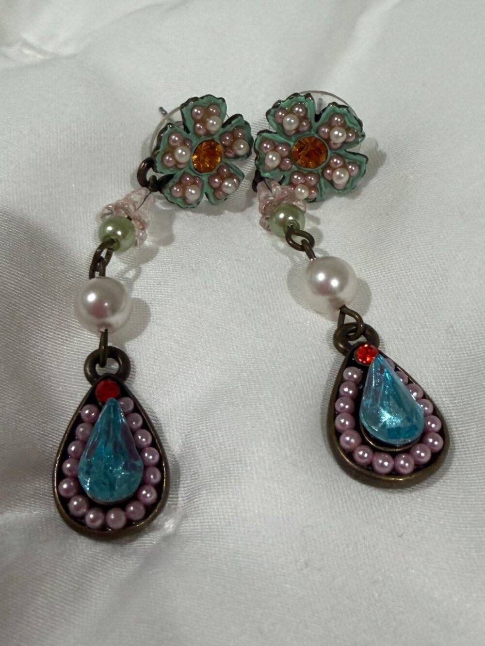 Pink Floral & Teal Crystal Teardrop Dangle Earrings